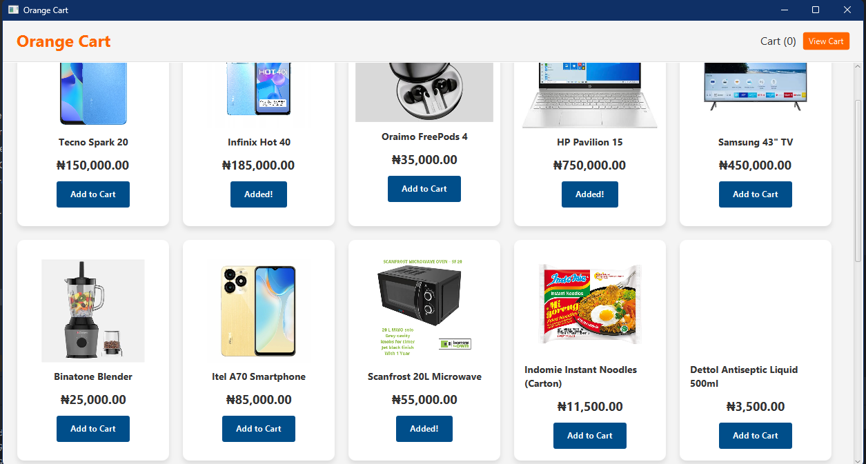 Orange Cart JavaFX E-commerce App